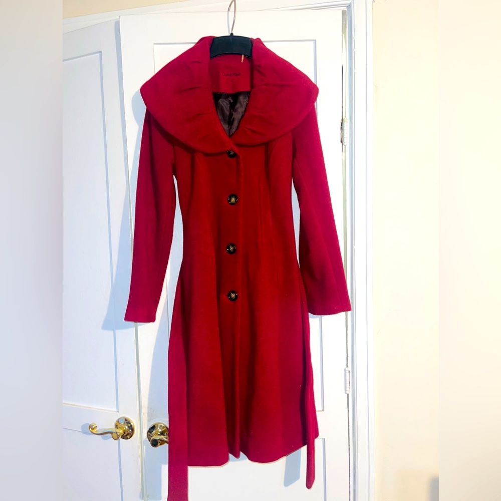 Calvin Klein long, belted wool coat. size 2